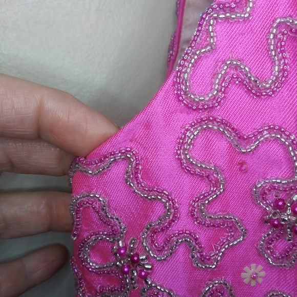 Vintage 1960-70 Barbie Pink Raw Silk Hand Beaded/Jeweled Cocktail, Hostess Vest - Picture 11 of 13